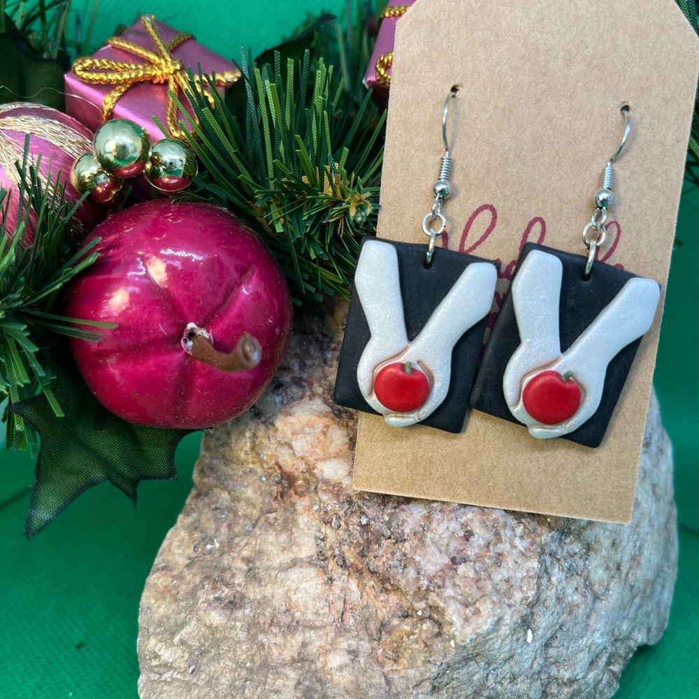 Polymer clay, Book Earrings with red apple accent. - Picture 3 of 3
